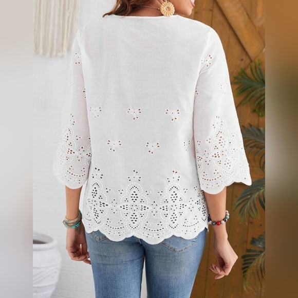 * New Boho Embroidered Eyelet Lace Scalloped Top Blouse White - Picture 5 of 8